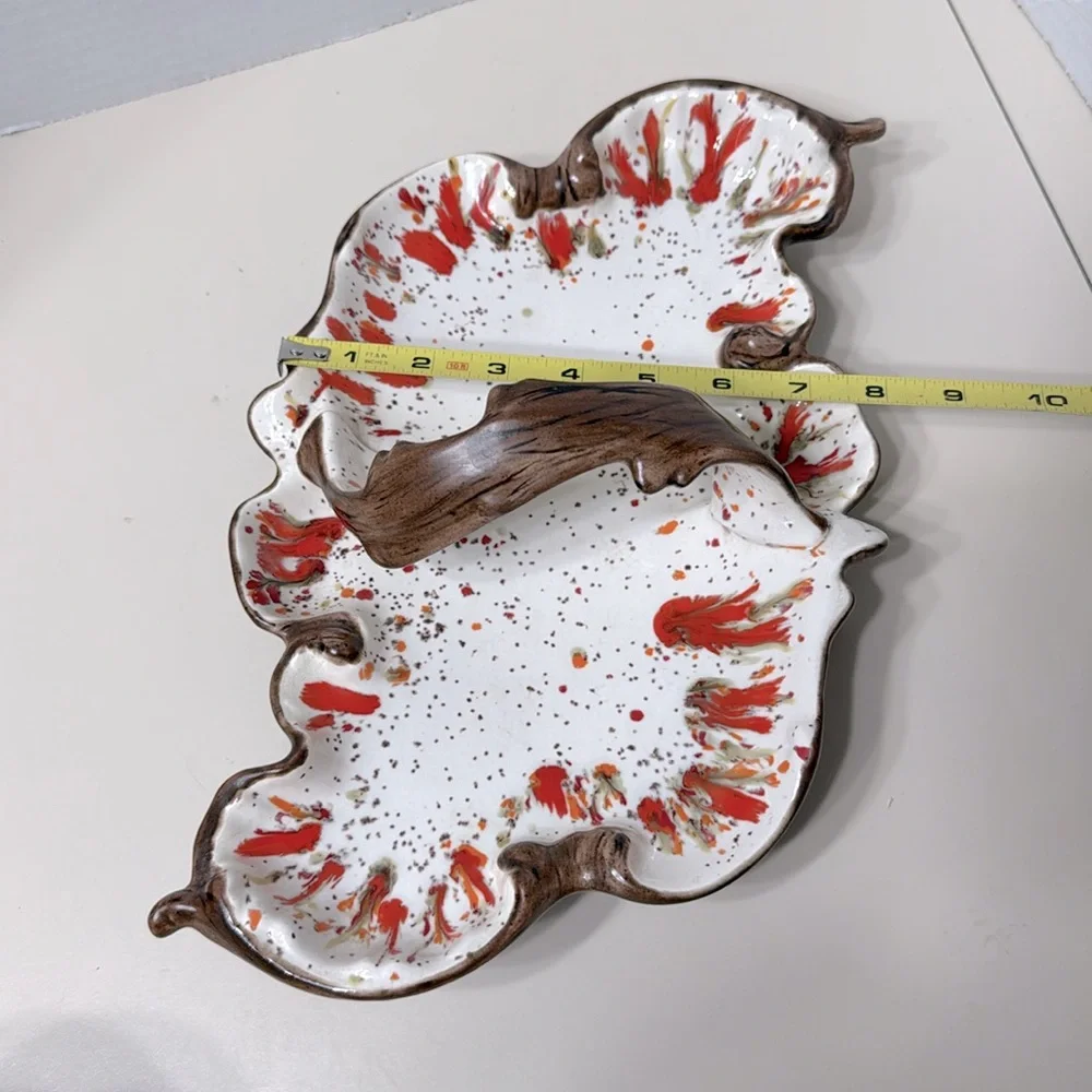 Vintage MCM Ceramic Speckled Splatter Drip Glaze Handle Autumn Leaf Dish Signed